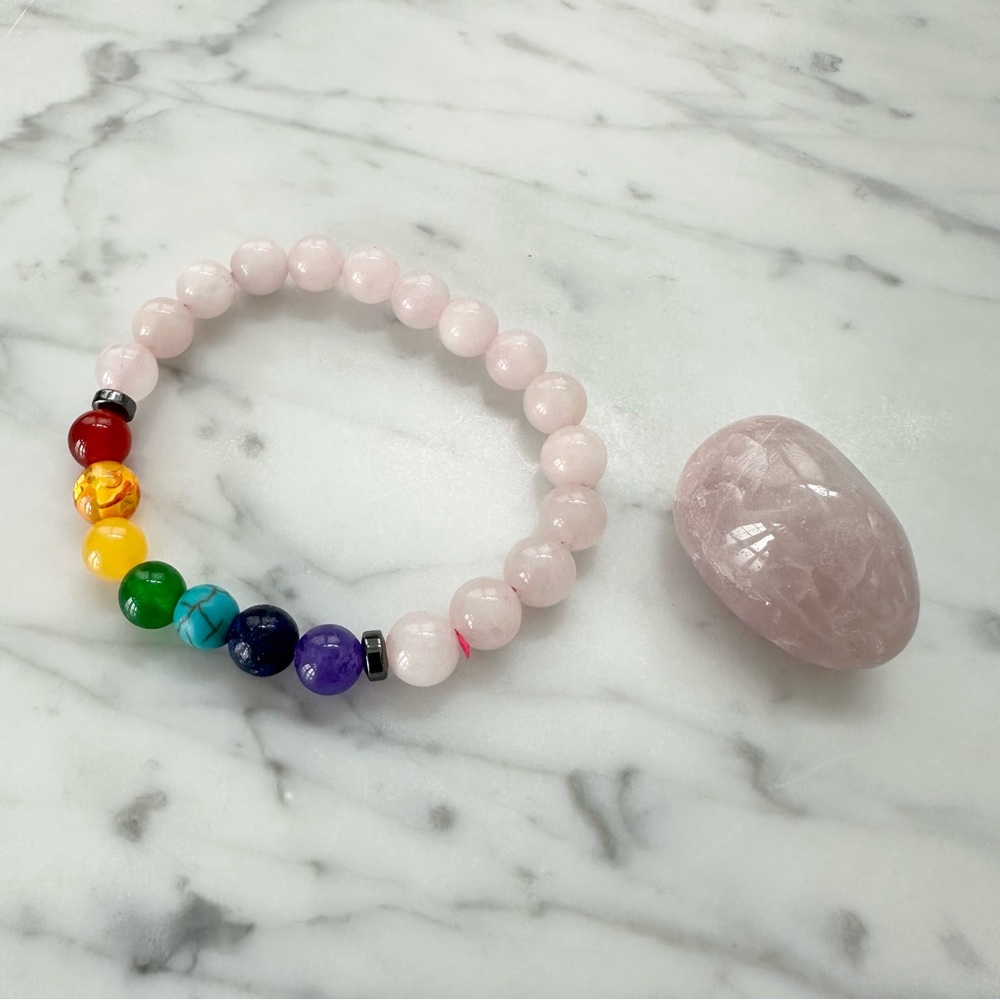 Rainbow Beaded Bracelet + Rose Stone